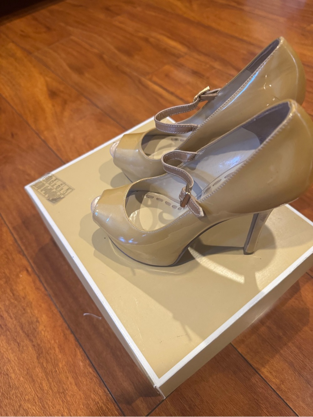 Enzo Angiolini Nude Patent Peep-Toe Mary Jane High Heels
